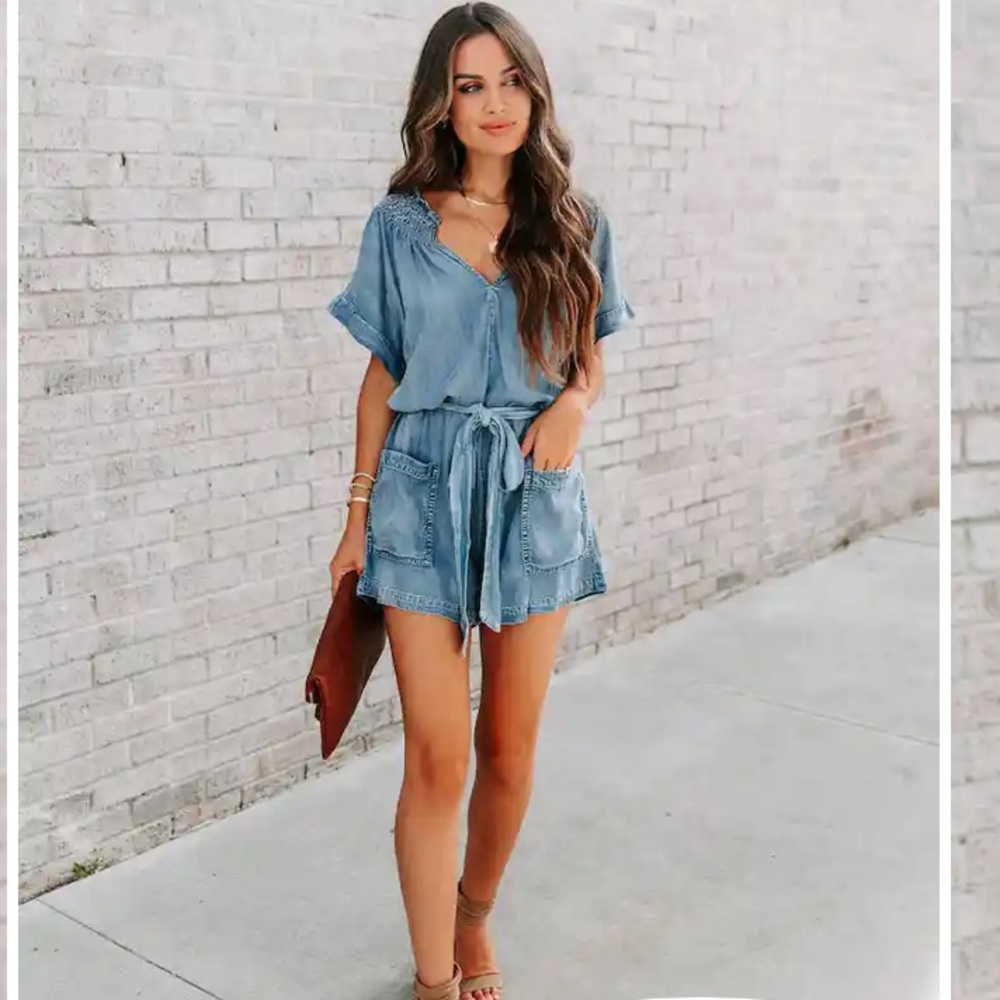 Vici Dhal Chambray Pocketed Denim Romper